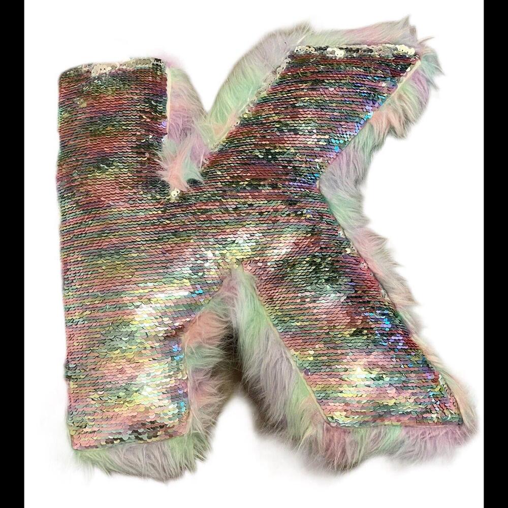 Justice Flip Sequin Fuzzy Pastel Initial K Pillow